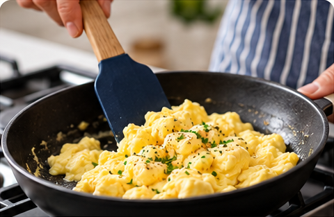 A spatula folding scrambled eggs