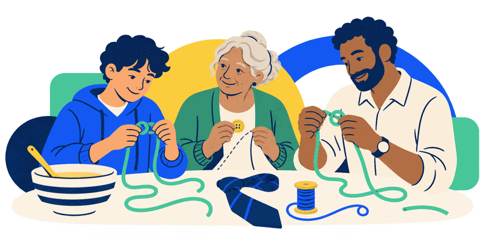 Illustration of learners of different ages exploring practical skills together