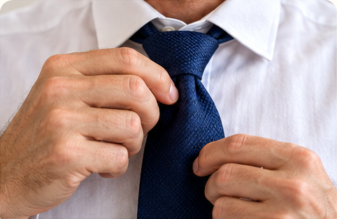 Hands adjusting a navy necktie
